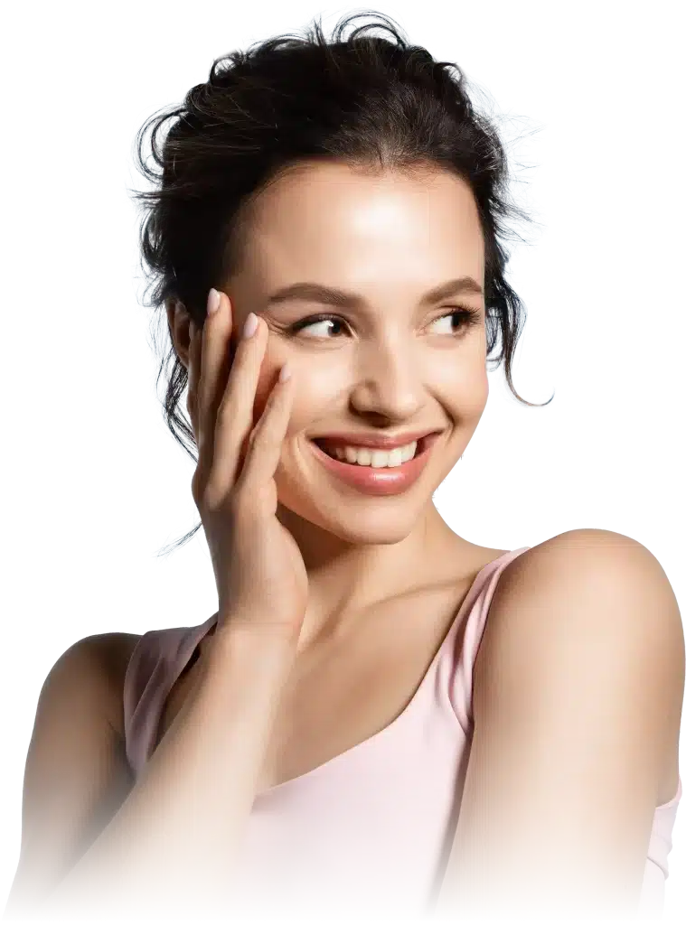 Woman touching face smiling getting ready to go to events at Inspire Medical Spa in South Jordan, Utah.
